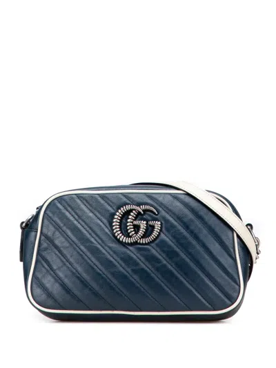 Pre-owned Gucci 2016-2025 Small Gg Marmont Leather Torchon Crossbody Bag In Blue