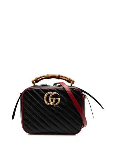 Pre-owned Gucci 2016-2025 Small Gg Marmont Matelasse Diagonal Leather Torchon Bamboo Satchel In Black