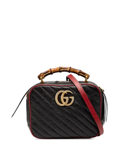 Pre-owned Gucci 2016-2025 Small Gg Marmont Matelasse Diagonal Leather Torchon Bamboo Satchel In Black