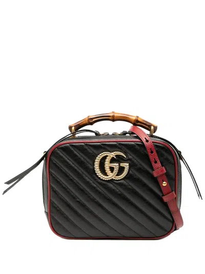 Pre-owned Gucci 2016-2025 Small Gg Marmont Matelasse Diagonal Leather Torchon Bamboo Satchel In Black