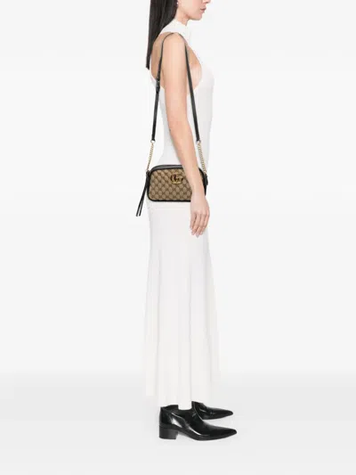 Pre-owned Gucci 2016-2025 Small Gg Marmont Matelasse Gg Canvas And Leather Crossbody Bag In Brown