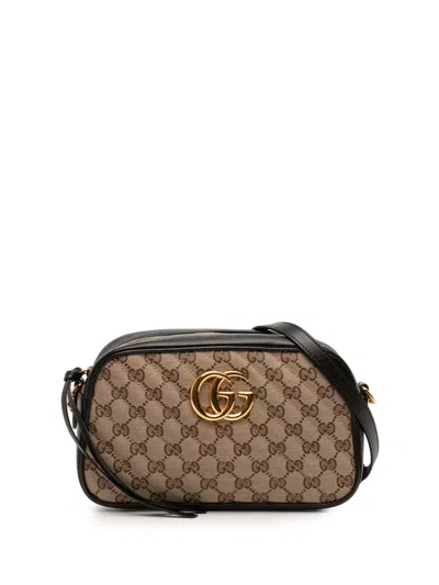 Pre-owned Gucci 2016-2025 Small Gg Marmont Matelasse Gg Canvas And Leather Crossbody Bag In Brown