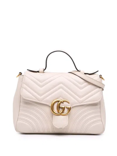 Pre-owned Gucci 2016-2025 Small Gg Marmont Matelasse Leather Top Handle Bag Satchel In White