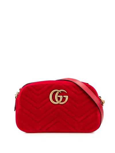 Pre-owned Gucci 2016-2025 Small Gg Marmont Matelasse Velvet Crossbody Bag In Red