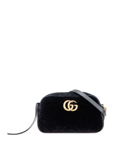 Pre-owned Gucci 2016-2025 Small Gg Marmont Matelasse Velvet Crossbody Bag In Black