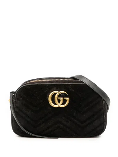 Pre-owned Gucci 2016-2025 Small Gg Marmont Matelasse Velvet Crossbody Bag In Black