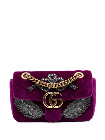 Pre-owned Gucci 2016-2025 Small Gg Marmont Matelasse Velvet Crystal Embellished Shoulder Bag In Purple