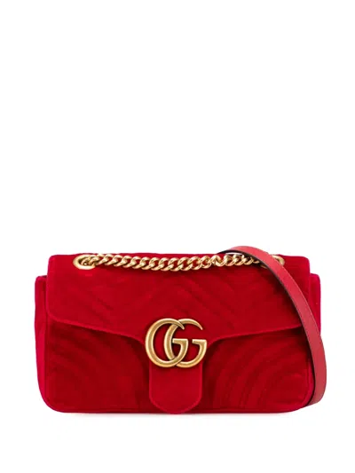 Pre-owned Gucci 2016-2025 Small Gg Marmont Matelasse Velvet Flap Crossbody Bag In Red
