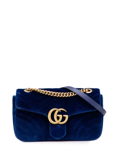 Pre-owned Gucci 2016-2025 Small Gg Marmont Matelasse Velvet Flap Crossbody Bag In Blue