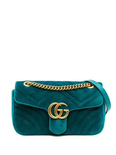 Pre-owned Gucci 2016-2025 Small Gg Marmont Matelasse Velvet Flap Crossbody Bag In Blue