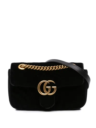 Pre-owned Gucci 2016-2025 Small Gg Marmont Matelasse Velvet Shoulder Bag In Black
