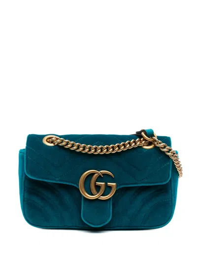 Pre-owned Gucci 2016-2025 Small Gg Marmont Matelasse Velvet Shoulder Bag In Blue