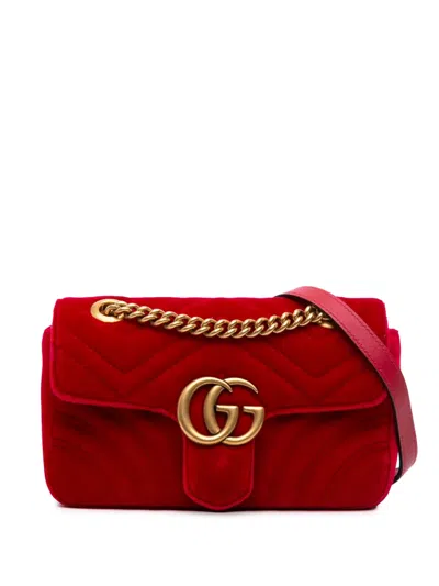 Pre-owned Gucci 2016-2025 Small Gg Marmont Matelasse Velvet Shoulder Bag In Red