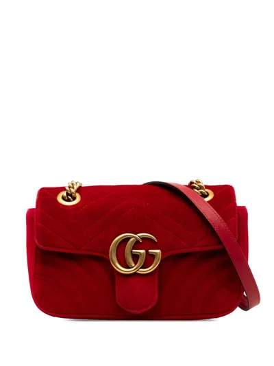Pre-owned Gucci 2016-2025 Small Gg Marmont Matelasse Velvet Shoulder Bag In Red