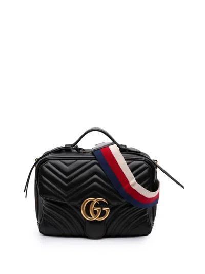 Pre-owned Gucci 2016-2025 Small Gg Marmont Sylvie Top Handle Satchel In Black