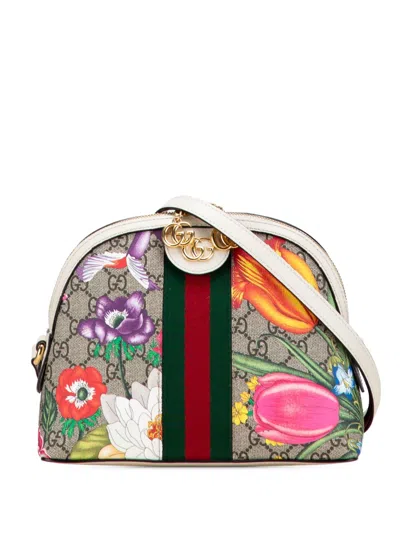 Pre-owned Gucci 2016-2025 Small Gg Supreme Flora Ophidia Dome Crossbody Bag In Brown
