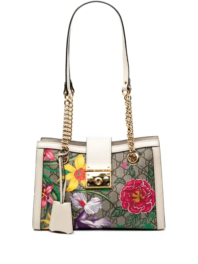 Pre-owned Gucci 2016-2025 Small Gg Supreme Flora Padlock Tote Bag In Brown