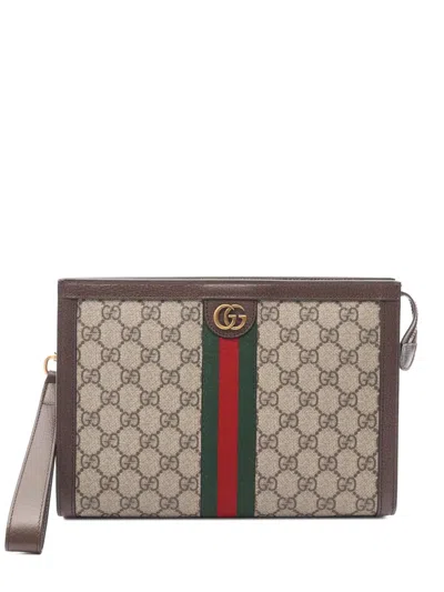 Pre-owned Gucci 2016-2025 Small Gg Supreme Ophidia Clutch Bag In Brown
