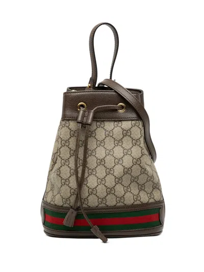 Pre-owned Gucci 2016-2025 Small Gg Supreme Ophidia Web Bucket Bag Satchel In Brown
