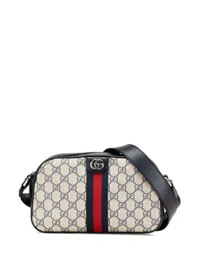Pre-owned Gucci 2016-2025 Small Gg Supreme Textured Dollar Calfskin Web Ophidia Camera Bag Crossbody Bag In Brown