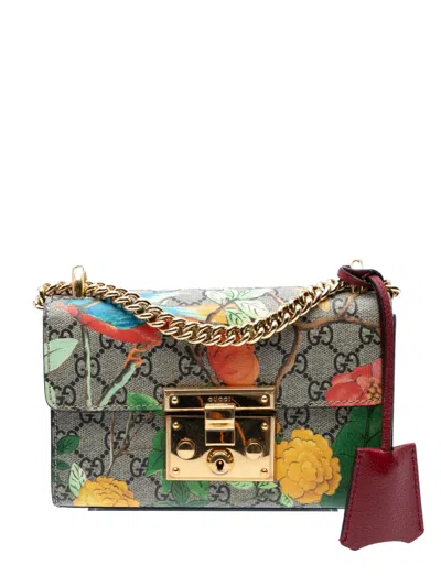 Pre-owned Gucci 2016-2025 Small Gg Supreme Tian Padlock Crossbody Bag In Brown