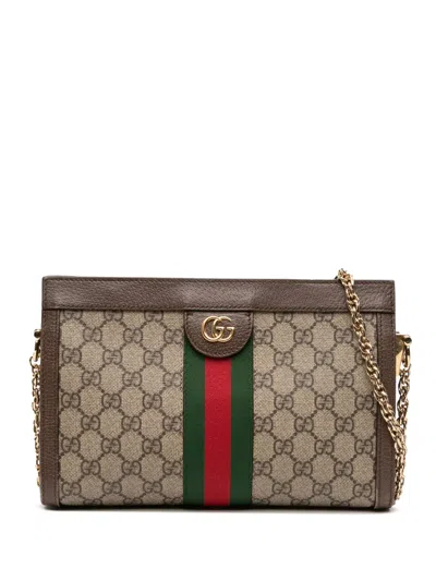 Pre-owned Gucci 2016-2025 Small Gg Supreme Web Ophidia Chain Crossbody Bag In Brown