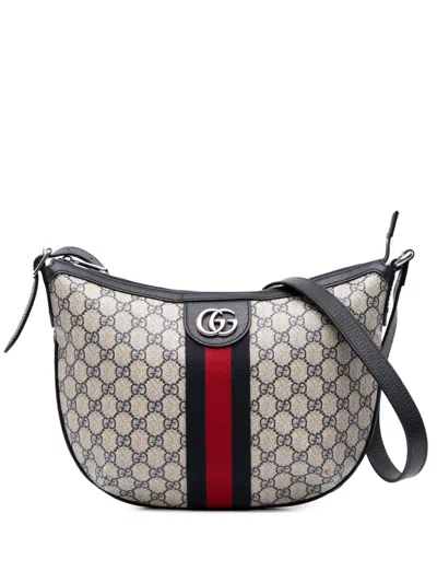 Pre-owned Gucci 2016-2025 Small Gg Supreme Web Ophidia Half Moon Crossbody Bag In Gray