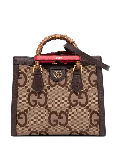 Pre-owned Gucci 2016-2025 Small Jumbo Gg Canvas Bamboo Diana Satchel