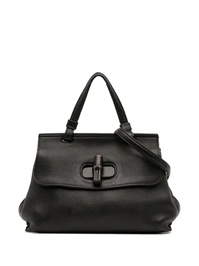 Pre-owned Gucci 2016-2025 Small Leather Bamboo Daily Satchel In Black