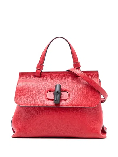 Pre-owned Gucci 2016-2025 Small Leather Bamboo Daily Satchel In Red