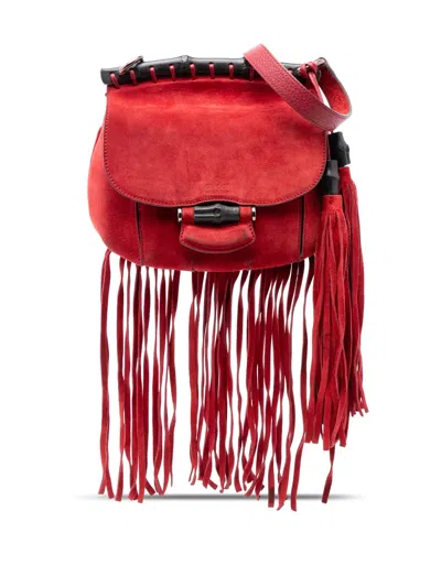 Pre-owned Gucci 2016-2025 Small Leather Bamboo Nouveau Fringe Crossbody Bag In Red