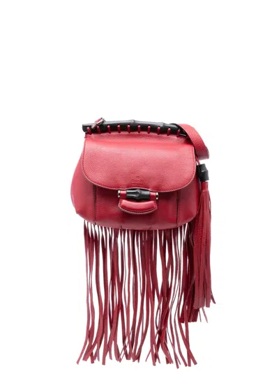 Pre-owned Gucci 2016-2025 Small Leather Bamboo Nouveau Fringe Crossbody Bag In Red