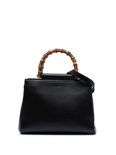 Pre-owned Gucci 2016-2025 Small Leather Bamboo Nymphaea Satchel In Black