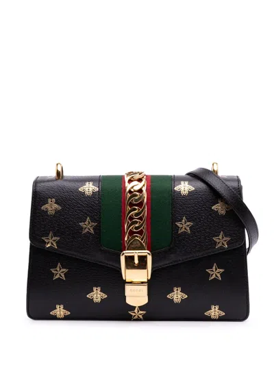Pre-owned Gucci 2016-2025 Small Leather Bee Star Sylvie Satchel In Black