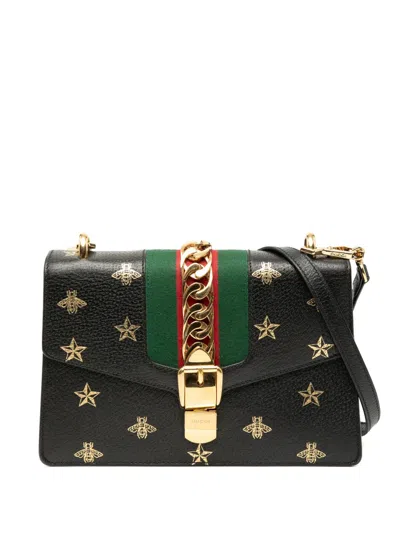 Pre-owned Gucci 2016-2025 Small Leather Bee Star Sylvie Satchel In Black