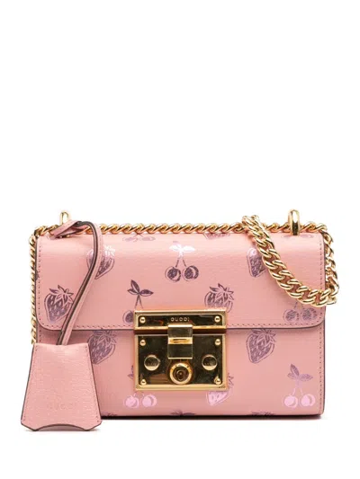 Pre-owned Gucci 2016-2025 Small Leather Berry Print Padlock Crossbody Bag In Pink