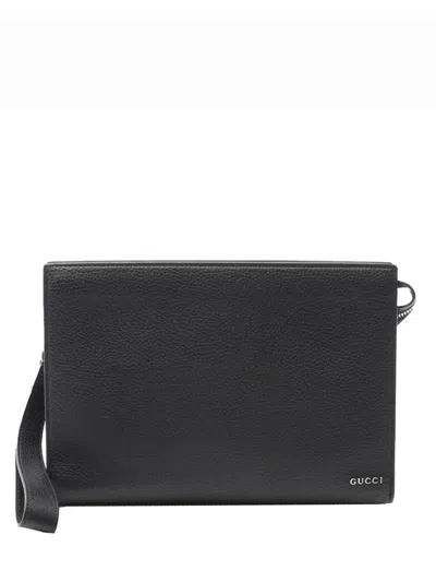 Pre-owned Gucci 2016-2025 Small Leather Logo Pouch Clutch Bag In Black
