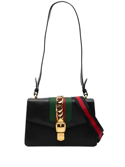 Pre-owned Gucci 2016-2025 Small Leather Sylvie Web Satchel In Black