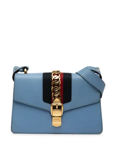 Pre-owned Gucci 2016-2025 Small Leather Sylvie Web Satchel In Blue