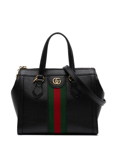 Pre-owned Gucci 2016-2025 Small Leather Web Ophidia Satchel In Black