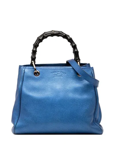 Pre-owned Gucci 2016-2025 Small Metallic Calfskin Bamboo Shopper Satchel In Blue