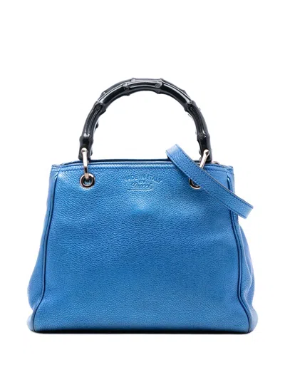 Pre-owned Gucci 2016-2025 Small Metallic Calfskin Bamboo Shopper Satchel In Blue
