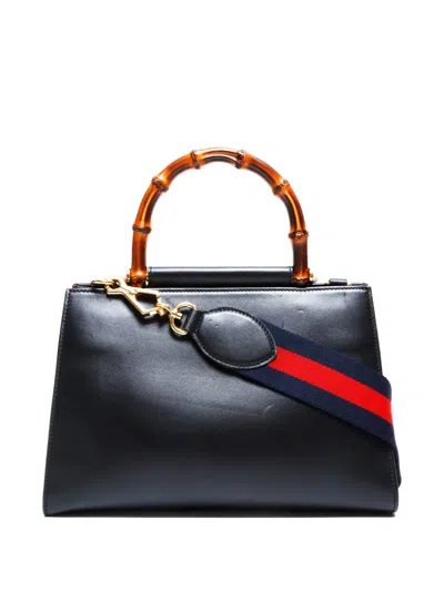 Pre-owned Gucci 2016-2025 Small Nymphaea Bamboo-handle Leather Tote Bag In Black