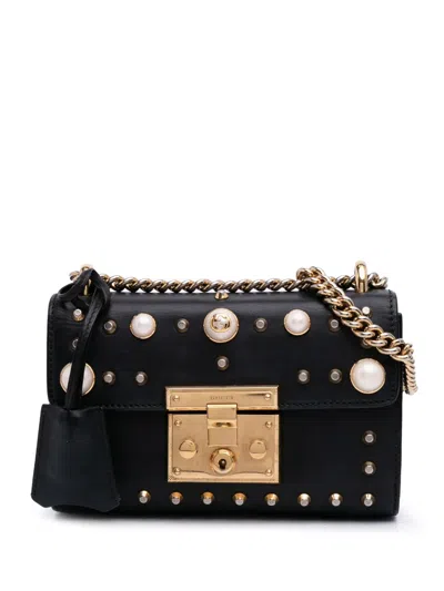 Pre-owned Gucci 2016-2025 Small Pearl Studded Leather Padlock Crossbody Bag In Black