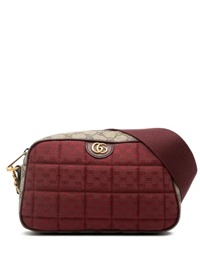 Pre-owned Gucci 2016-2025 Small Quilted Mini Gg Canvas And Gg Supreme Double G Crossbody Bag In Red