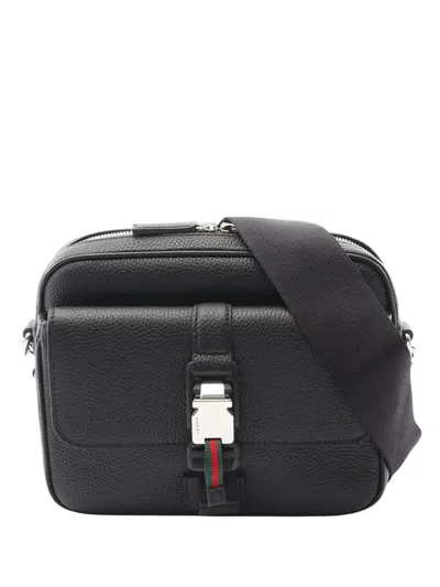 Pre-owned Gucci 2016-2025 Small Soft Grainy Calfskin Web Crossbody Bag In Black