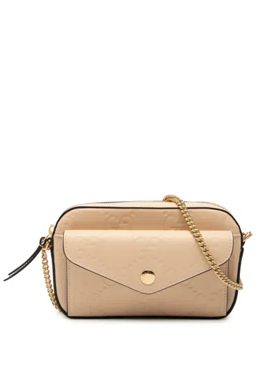 Pre-owned Gucci 2016-2025 Super Mini Gg Debossed Calf Chain Wallet Crossbody Bag In Brown