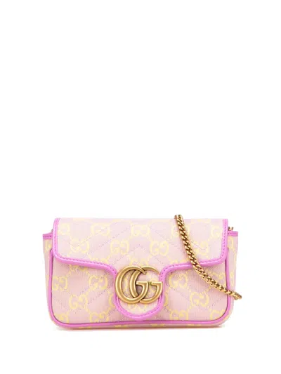 Pre-owned Gucci 2016-2025 Super Mini Gg Marmont Matelasse Canvas Flap Crossbody Bag In Purple