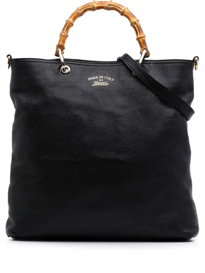 Pre-owned Gucci 2016-2025 Tall Leather Bamboo Shopper Tote Satchel In Black