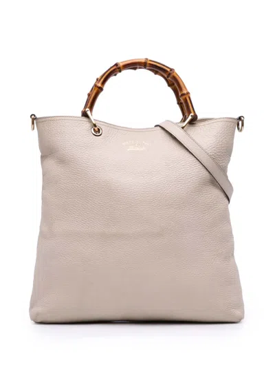 Pre-owned Gucci 2016-2025 Tall Leather Bamboo Shopper Tote Satchel In White
